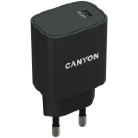 Canyon, PD 20W Input: 100V-240V, Output: 1 port charge: USB-C:PD 20W (5V3A/9V2.22A/12V1.67A) , Eu plug, Over- Voltage ,  over-heated, over-current and short circuit protection Compliant with CE RoHs,ERP. Size: 80*42.3*30mm, 55g, Black