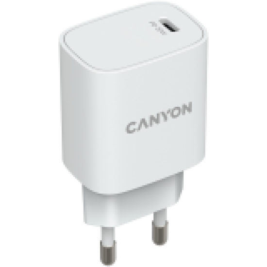 CANYON H-20, PD 20W Input: 100V-240V, Output: 1 port charge: USB-C:PD 20W (5V3A/9V2.22A/12V1.67A) , Eu plug, Over- Voltage ,  over-heated, over-current and short circuit protection Compliant with CE RoHs,ERP. Size: 80*42.3*30mm, 55g, White