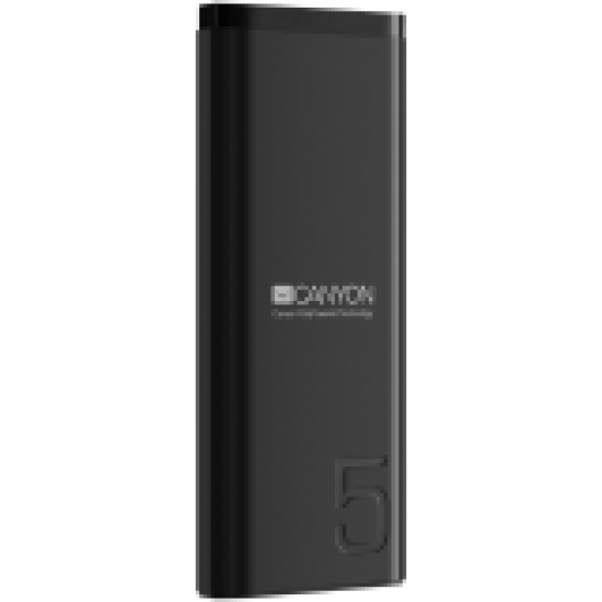 CANYON PB-53 Power bank 5000mAh Li-poly battery, Input 5V/2A, Output 5V/2.1A, with Smart IC, Black, USB cable length 0.25m, 120*52*12mm, 0.120Kg