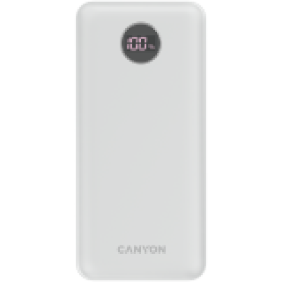 CANYON  PB-2002 Power bank 20000mAh Li-poly battery, Input Type-C 5V3A,9V2A,18W  , Output Type-C：5V3A,9V2.2A,12V1.5A,20W, Output USBA1/USBA2：5V3A,5V/4.5A,4.5V/5A,9V2A,12V1.5A,22.5W147.5*69*28.6mm, 0.437g , cable  Type C, white