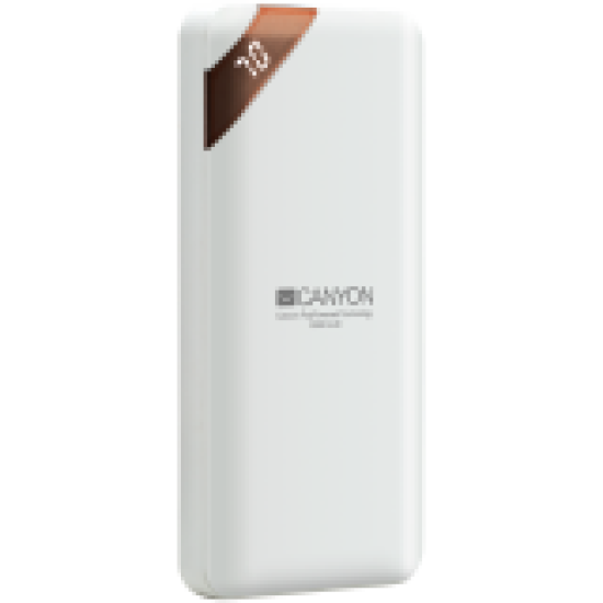CANYON PB-102 Power bank 10000mAh Li-poly battery, Input 5V/2A, Output 5V/2.1A(Max), with Smart IC and power display, White, USB cable length 0.25m, 137*67*13mm, 0.230Kg