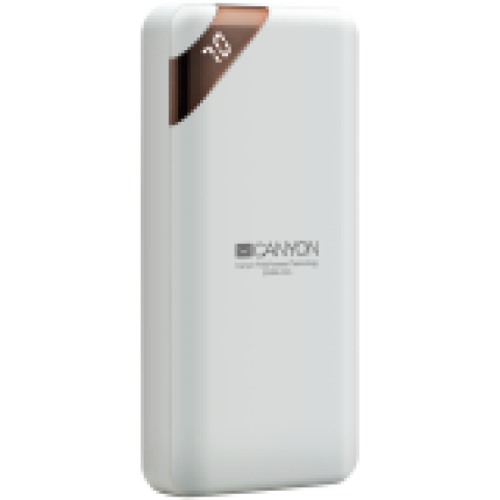 CANYON PB-202 Power bank 20000mAh Li-poly battery, Input 5V/2A, Output 5V/2.1A(Max), with Smart IC and power display, White, USB cable length 0.25m, 137*67*25mm, 0.360Kg