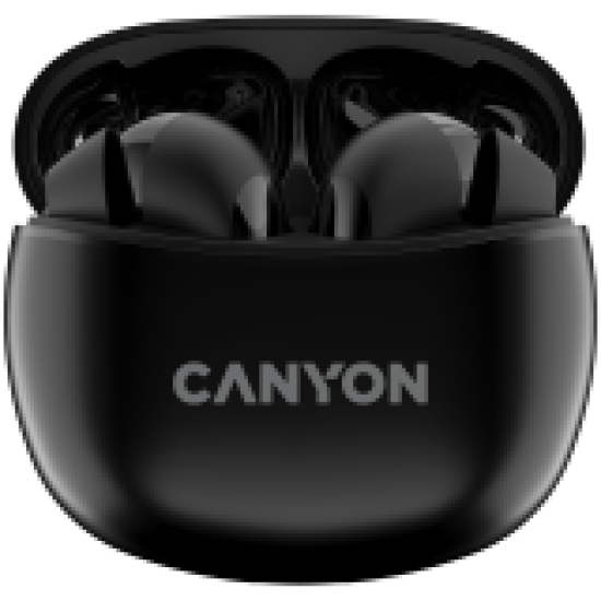 Canyon TWS-5 Bluetooth headset, with microphone, BT V5.3 JL 6983D4, Frequence Response:20Hz-20kHz, battery EarBud 40mAh*2+Charging Case 500mAh, type-C cable length 0.24m, size: 58.5*52.91*25.5mm, 0.036kg, Black