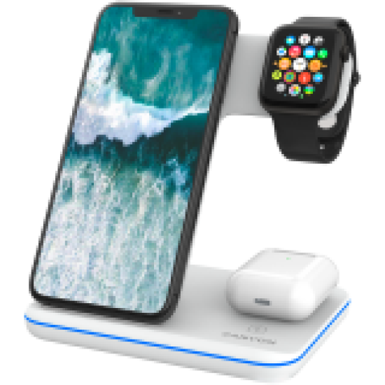 CANYON WS-303, 3in1 Wireless charger, with touch button for Running water light, Input 9V/2A, 12V/2A, Output 15W/10W/7.5W/5W, Type c to USB-A cable length 1.2m, 137*103*140mm, 0.22Kg, White
