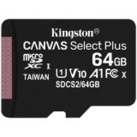 Kingston 64GB micSDXC Canvas Select Plus 100R A1 C10 Single Pack w/o ADP Kingston 64GB micSDXC Canvas Select Plus 100R A1 C10 Single Pack w/o ADP