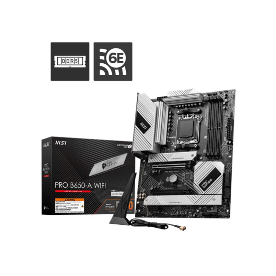 Mainboard|MSI|AMD B650|SAM5|ATX|Memory DDR5|Memory slots 4|1xPCI-Express 3.0 1x|1xPCI-Express 4.0 2x|1xPCI-Express 4.0 16x|3xM.2|1xHDMI|1xDisplayPort|2xUSB 2.0|7xUSB 3.2|1xUSB-C|1xOptical S/PDIF|1xRJ45|3xAudio port|PROB650-AWIFI Mainboard|MSI|AMD B650|SAM5|ATX|Memory DDR5|Memory slots 4|1xPCI-Express 3.0 1x|1xPCI-Express 4.0 2x|1xPCI-Express 4.0 16x|3xM.2|1xHDMI|1xDisplayPort|2xUSB 2.0|7xUSB 3.2|1xUSB-C|1xOptical S/PDIF|1xRJ45|3xAudio port|PROB650-AWIFI