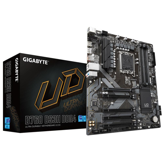 Mainboard|GIGABYTE|Intel B760 Express|LGA1700|ATX|Memory DDR4|Memory slots 4|4xPCI-Express 3.0 1x|1xPCI-Express 4.0 16x|2xM.2|1xHDMI|1xDisplayPort|4xUSB 2.0|1xUSB 3.2|1xUSB-C|1xPS/2|1xRJ45|3xAudio port|B760DS3HDDR4