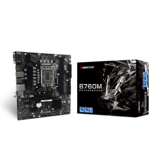 Mainboard|BIOSTAR|Intel B760 Express|LGA1700|Micro-ATX|Memory DDR5|Memory slots 2|1xPCI-Express 3.0 1x|1xPCI-Express 4.0 16x|2xM.2|1x15pin D-sub|1xDVI-D|1xHDMI|4xUSB 2.0|2xUSB 3.2|1xPS/2|1xRJ45|3xAudio port|B760MX2-E Mainboard|BIOSTAR|Intel B760 Express|LGA1700|Micro-ATX|Memory DDR5|Memory slots 2|1xPCI-Express 3.0 1x|1xPCI-Express 4.0 16x|2xM.2|1x15pin D-sub|1xDVI-D|1xHDMI|4xUSB 2.0|2xUSB 3.2|1xPS/2|1xRJ45|3xAudio port|B760MX2-E