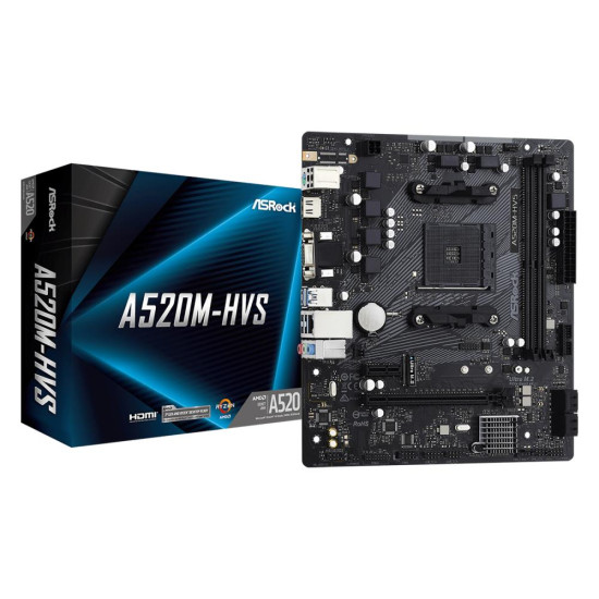 Mainboard|ASROCK|AMD A520|SAM4|Micro-ATX|Memory DDR4|Memory slots 2|1xPCI-Express 3.0 1x|1xPCI-Express 3.0 16x|1xM.2|1x15pin D-sub|1xHDMI|2xAudio-In|1xAudio-Out|2xUSB 2.0|4xUSB 3.2|1xPS/2|1xRJ45|A520M-HVS Mainboard|ASROCK|AMD A520|SAM4|Micro-ATX|Memory DDR4|Memory slots 2|1xPCI-Express 3.0 1x|1xPCI-Express 3.0 16x|1xM.2|1x15pin D-sub|1xHDMI|2xAudio-In|1xAudio-Out|2xUSB 2.0|4xUSB 3.2|1xPS/2|1xRJ45|A520M-HVS