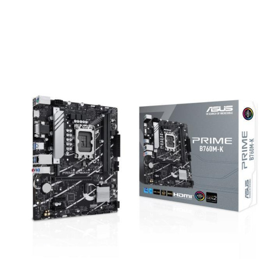 Mainboard|ASUS|Intel B760 Express|LGA1700|Micro-ATX|Memory DDR5|Memory slots 2|2xPCI-Express 4.0 1x|1xPCI-Express 4.0 16x|2xM.2|1x15pin D-sub|1xHDMI|2xUSB 2.0|4xUSB 3.2|1xPS/2|1xRJ45|3xAudio port|PRIMEB760M-K Mainboard|ASUS|Intel B760 Express|LGA1700|Micro-ATX|Memory DDR5|Memory slots 2|2xPCI-Express 4.0 1x|1xPCI-Express 4.0 16x|2xM.2|1x15pin D-sub|1xHDMI|2xUSB 2.0|4xUSB 3.2|1xPS/2|1xRJ45|3xAudio port|PRIMEB760M-K
