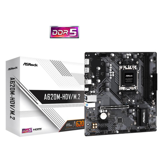 Mainboard|ASROCK|AMD A620|SAM5|Micro-ATX|Memory DDR5|Memory slots 2|2xPCI-Express 3.0 1x|1xPCI-Express 4.0 16x|2xM.2|1xHDMI|1xDisplayPort|2xUSB 2.0|2xUSB 3.2|1xUSB-C|1xRJ45|3xAudio port|A620M-HDV/M.2