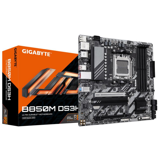Mainboard|GIGABYTE|AMD B850|SAM5|Micro-ATX|Memory DDR5|Memory slots 4|1xPCI-Express 3.0 4x|1xPCI-Express 5.0 16x|2xM.2|1xHDMI|2xDisplayPort|4xUSB 2.0|2xUSB 3.2 type B|1xUSB 3.2|1xUSB-C|1xPS/2|1xRJ45|3xAudio port|B850MDS3H Mainboard|GIGABYTE|AMD B850|SAM5|Micro-ATX|Memory DDR5|Memory slots 4|1xPCI-Express 3.0 4x|1xPCI-Express 5.0 16x|2xM.2|1xHDMI|2xDisplayPort|4xUSB 2.0|2xUSB 3.2 type B|1xUSB 3.2|1xUSB-C|1xPS/2|1xRJ45|3xAudio port|B850MDS3H