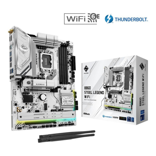 Mainboard|ASROCK|Intel B860 Express|LGA1851|ATX|Memory DDR5|Memory slots 4|1xPCI-Express 4.0 16x|1xPCI-Express 5.0 16x|1xM.2|1xHDMI|1xDisplayPort|1xAudio-Out|1xMicrophone|3xUSB 2.0|6xUSB 3.2|1xUSB-C w/Thunderbolt|1xOptical S/PDIF|1xRJ45|B860STEELLEGENDWIF Mainboard|ASROCK|Intel B860 Express|LGA1851|ATX|Memory DDR5|Memory slots 4|1xPCI-Express 4.0 16x|1xPCI-Express 5.0 16x|1xM.2|1xHDMI|1xDisplayPort|1xAudio-Out|1xMicrophone|3xUSB 2.0|6xUSB 3.2|1xUSB-C w/Thunderbolt|1xOptical S/PDIF|1xRJ45|B860STEELLEGENDWIF