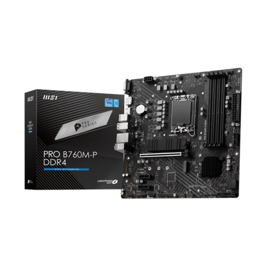Mainboard|MSI|Intel B760 Express|LGA1700|Micro-ATX|Memory DDR4|Memory slots 4|2xPCI-Express 1x|1xPCI-Express 16x|2xM.2|1x15pin D-sub|1xHDMI|1xDisplayPort|4xUSB 2.0|1xUSB 3.2|1xUSB-C|2xPS/2|1xRJ45|3xAudio port|PROB760M-PDDR4 Mainboard|MSI|Intel B760 Express|LGA1700|Micro-ATX|Memory DDR4|Memory slots 4|2xPCI-Express 1x|1xPCI-Express 16x|2xM.2|1x15pin D-sub|1xHDMI|1xDisplayPort|4xUSB 2.0|1xUSB 3.2|1xUSB-C|2xPS/2|1xRJ45|3xAudio port|PROB760M-PDDR4
