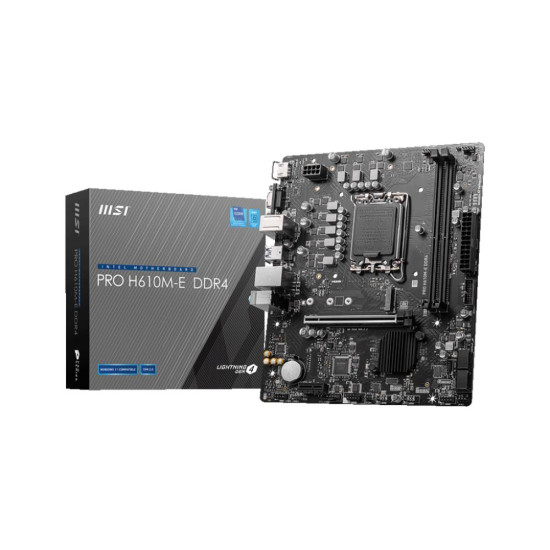 Mainboard|MSI|Intel H610|LGA1700|MicroATX|Memory DDR4|Memory slots 2|1xPCI-Express 1x|1xPCI-Express 16x|1xM.2|1x15pin D-sub|1xHDMI|4xUSB 2.0|2xUSB 3.2|1xPS/2|1xRJ45|3xAudio port|PROH610M-EDDR4 Mainboard|MSI|Intel H610|LGA1700|MicroATX|Memory DDR4|Memory slots 2|1xPCI-Express 1x|1xPCI-Express 16x|1xM.2|1x15pin D-sub|1xHDMI|4xUSB 2.0|2xUSB 3.2|1xPS/2|1xRJ45|3xAudio port|PROH610M-EDDR4