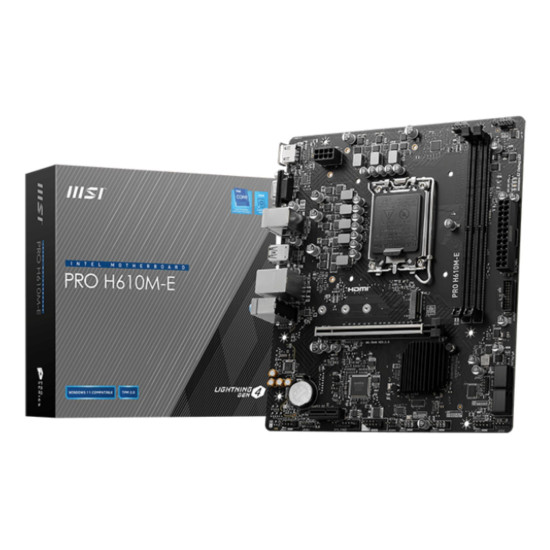 Mainboard|MSI|Intel H610|LGA1700|Micro-ATX|Memory DDR5|Memory slots 2|1xPCI-Express 1x|1xPCI-Express 16x|1xM.2|1x15pin D-sub|1xHDMI|4xUSB 2.0|2xUSB 3.2|1xPS/2|1xRJ45|3xAudio port|PROH610M-E