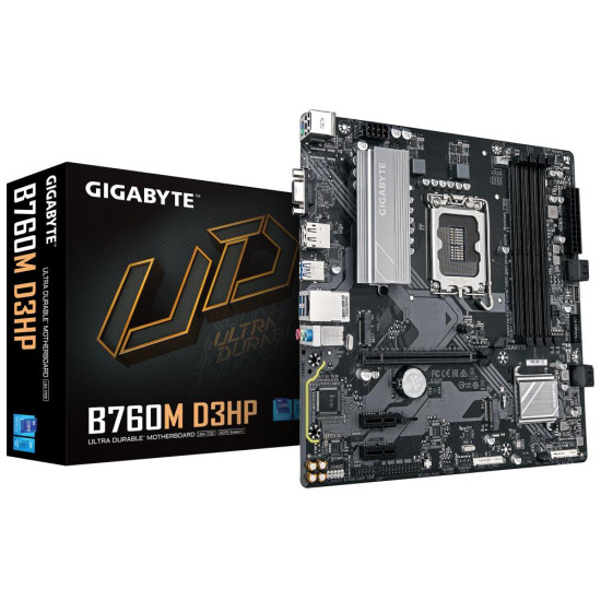 Mainboard|GIGABYTE|Intel B760 Express|LGA1700|Micro-ATX|Memory DDR5|Memory slots 4|2xPCI-Express 3.0 1x|1xPCI-Express 4.0 16x|2xM.2|1x15pin D-sub|1xHDMI|1xDisplayPort|2xUSB 2.0|5xUSB 3.2|1xUSB-C|1xPS/2|1xRJ45|3xAudio port|B760MD3HP1.0 Mainboard|GIGABYTE|Intel B760 Express|LGA1700|Micro-ATX|Memory DDR5|Memory slots 4|2xPCI-Express 3.0 1x|1xPCI-Express 4.0 16x|2xM.2|1x15pin D-sub|1xHDMI|1xDisplayPort|2xUSB 2.0|5xUSB 3.2|1xUSB-C|1xPS/2|1xRJ45|3xAudio port|B760MD3HP1.0