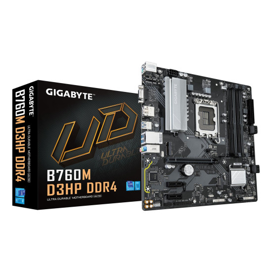 Mainboard|GIGABYTE|Intel B760 Express|LGA1700|Micro-ATX|Memory DDR4|Memory slots 4|2xPCI-Express 3.0 1x|1xPCI-Express 4.0 16x|2xM.2|1x15pin D-sub|1xHDMI|1xDisplayPort|6xUSB 2.0|5xUSB 3.2|1xUSB-C|1xPS/2|1xRJ45|3xAudio port|B760MD3HPDDR4