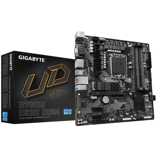 Mainboard|GIGABYTE|Intel B760 Express|LGA1700|Micro-ATX|Memory DDR4|Memory slots 4|2xPCI-Express 3.0 1x|1xPCI-Express 4.0 16x|2xM.2|1x15pin D-sub|1xHDMI|2xDisplayPort|2xUSB 2.0|3xUSB 3.2|1xUSB-C|1xPS/2|1xRJ45|3xAudio port|B760MDS3HDDR4 Mainboard|GIGABYTE|Intel B760 Express|LGA1700|Micro-ATX|Memory DDR4|Memory slots 4|2xPCI-Express 3.0 1x|1xPCI-Express 4.0 16x|2xM.2|1x15pin D-sub|1xHDMI|2xDisplayPort|2xUSB 2.0|3xUSB 3.2|1xUSB-C|1xPS/2|1xRJ45|3xAudio port|B760MDS3HDDR4