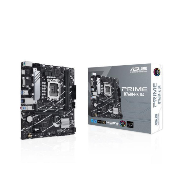 Mainboard|ASUS|Intel B760 Express|LGA1700|Micro-ATX|Memory DDR4|Memory slots 2|2xPCI-Express 4.0 1x|1xPCI-Express 4.0 16x|2xM.2|1x15pin D-sub|1xHDMI|2xUSB 2.0|4xUSB 3.2|1xPS/2|1xRJ45|3xAudio port|PRIMEB760M-KD4 Mainboard|ASUS|Intel B760 Express|LGA1700|Micro-ATX|Memory DDR4|Memory slots 2|2xPCI-Express 4.0 1x|1xPCI-Express 4.0 16x|2xM.2|1x15pin D-sub|1xHDMI|2xUSB 2.0|4xUSB 3.2|1xPS/2|1xRJ45|3xAudio port|PRIMEB760M-KD4