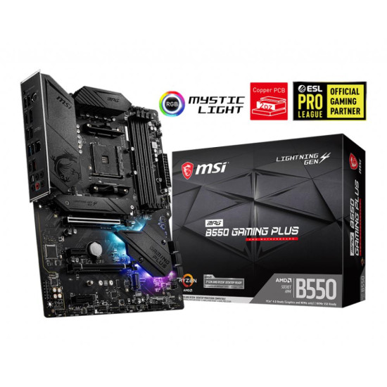 Mainboard|MSI|AMD B550|SAM4|ATX|2xPCI-Express 3.0 1x|1xPCI-Express 3.0 4x|2xM.2|1xPCI-Express 4.0 1x|Memory DDR4|Memory slots 4|1xHDMI|1xDisplayPort|2xAudio-In|3xAudio-Out|4xUSB 2.0|1xUSB type C|3xUSB 3.2|1xPS/2|1xOptical S/PDIF|1xRJ45|MPGB550GAMINGPLUS Mainboard|MSI|AMD B550|SAM4|ATX|2xPCI-Express 3.0 1x|1xPCI-Express 3.0 4x|2xM.2|1xPCI-Express 4.0 1x|Memory DDR4|Memory slots 4|1xHDMI|1xDisplayPort|2xAudio-In|3xAudio-Out|4xUSB 2.0|1xUSB type C|3xUSB 3.2|1xPS/2|1xOptical S/PDIF|1xRJ45|MPGB550GAMINGPLUS