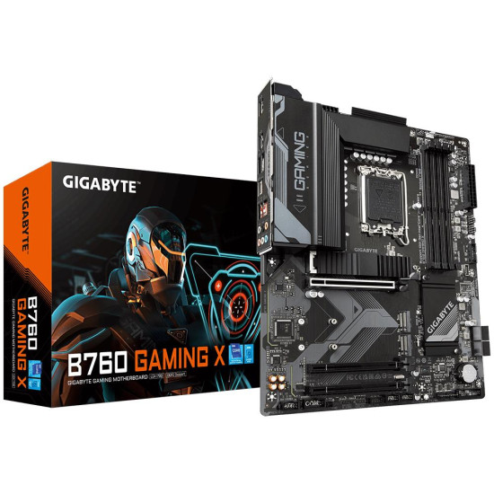 Mainboard|GIGABYTE|Intel B760 Express|LGA1700|ATX|Memory DDR5|Memory slots 4|2xPCI-Express 3.0 16x|1xPCI-Express 4.0 16x|3xM.2|1xHDMI|1xDisplayPort|5xUSB 2.0|2xUSB 3.2|1xUSB-C|1xRJ45|6xAudio port|B760GAMINGX Mainboard|GIGABYTE|Intel B760 Express|LGA1700|ATX|Memory DDR5|Memory slots 4|2xPCI-Express 3.0 16x|1xPCI-Express 4.0 16x|3xM.2|1xHDMI|1xDisplayPort|5xUSB 2.0|2xUSB 3.2|1xUSB-C|1xRJ45|6xAudio port|B760GAMINGX