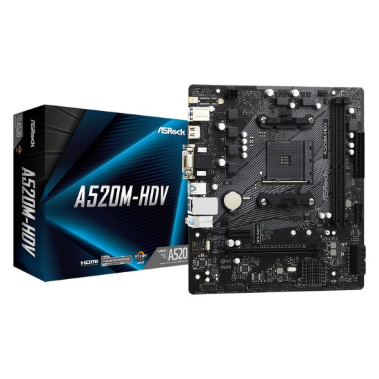 Mainboard|ASROCK|AMD A520|SAM4|Micro-ATX|Memory DDR4|Memory slots 2|1xPCI-Express 3.0 1x|1xPCI-Express 3.0 16x|1xM.2|1x15pin D-sub|1xDVI-D|1xHDMI|2xAudio-In|1xAudio-Out|2xUSB 2.0|4xUSB 3.2|1xPS/2|1xRJ45|A520M-HDV Mainboard|ASROCK|AMD A520|SAM4|Micro-ATX|Memory DDR4|Memory slots 2|1xPCI-Express 3.0 1x|1xPCI-Express 3.0 16x|1xM.2|1x15pin D-sub|1xDVI-D|1xHDMI|2xAudio-In|1xAudio-Out|2xUSB 2.0|4xUSB 3.2|1xPS/2|1xRJ45|A520M-HDV