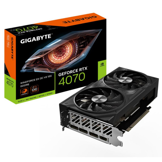 Graphics Card|GIGABYTE|NVIDIA GeForce RTX 4070|12 GB|GDDR6|192 bit|PCIE 4.0 16x|GPU 2490 MHz|Dual Slot Fansink|1xHDMI|3xDisplayPort|GV-N4070WF2OCV2-12GD Graphics Card|GIGABYTE|NVIDIA GeForce RTX 4070|12 GB|GDDR6|192 bit|PCIE 4.0 16x|GPU 2490 MHz|Dual Slot Fansink|1xHDMI|3xDisplayPort|GV-N4070WF2OCV2-12GD