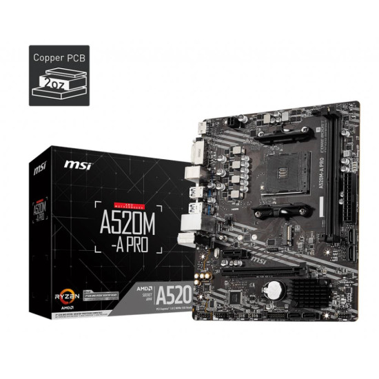 Mainboard|MSI|AMD A520|SAM4|MicroATX|1xPCI-Express 3.0 1x|1xPCI-Express 3.0 16x|1xM.2|Memory DDR4|Memory slots 2|1xDVI|1xHDMI|2xAudio-Out|2xUSB 2.0|4xUSB 3.2|1xRJ45|A520M-APRO Mainboard|MSI|AMD A520|SAM4|MicroATX|1xPCI-Express 3.0 1x|1xPCI-Express 3.0 16x|1xM.2|Memory DDR4|Memory slots 2|1xDVI|1xHDMI|2xAudio-Out|2xUSB 2.0|4xUSB 3.2|1xRJ45|A520M-APRO