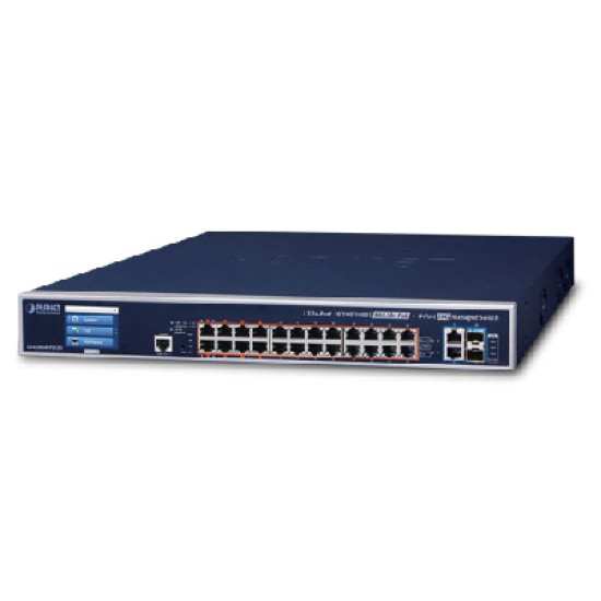 L3 24-Port 10/100/1000T 802.3bt PoE + 2-Port 10GBASE-T + 2-Port 10G SFP+ Managed Switch with LC touch screen/600W