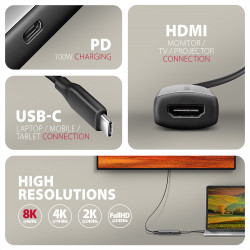 RVC-HI8KPD, USB-C -> HDMI 2.1 adapter, 8K/60Hz, 4K/144Hz, HDR10+, PD100W