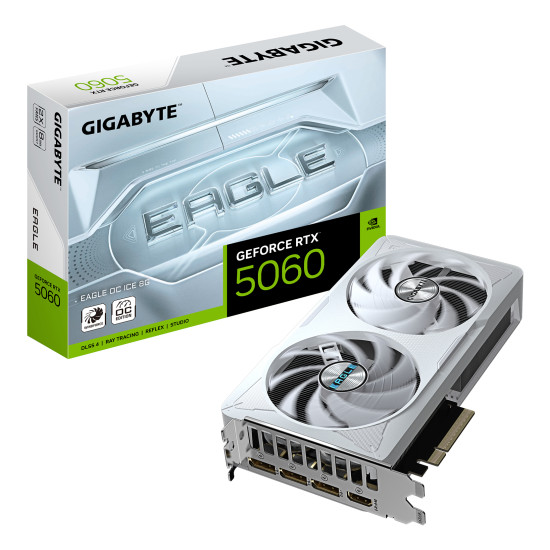 GeForce RTX 5060 EAGLE OC ICE 8G Graphics Card - 8GB GDDR7, 128bit, PCI-E 5.0, 2550 MHz Core Clock, 3 x DisplayPort, 1 x HDMI, GV-N5060EAGLEOC ICE-8GD GeForce RTX 5060 EAGLE OC ICE 8G Graphics Card - 8GB GDDR7, 128bit, PCI-E 5.0, 2550 MHz Core Clock, 3 x DisplayPort, 1 x HDMI, GV-N5060EAGLEOC ICE-8GD