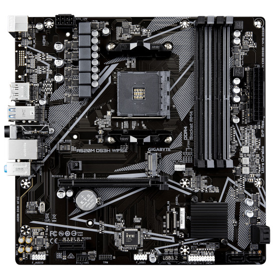 A520M DS3H WIFI6E Motherboard - Supports AMD Ryzen 5000 Series AM4 CPUs, up to 4733MHz DDR4 (OC), 1xPCIe 3.0 M.2, WIFI 6E, GbE LAN, USB 3.2 Gen 1