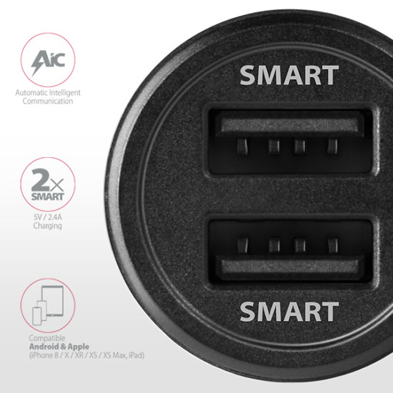 PWC-5V5 SMART Car charger 24W, 2x USB-A port, 5V/2.4A + 5V/2.4A