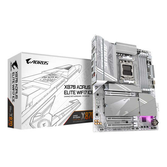 X870 AORUS ELITE WIFI7 ICE Motherboard - Supports AMD Ryzen 9000 CPUs, 16+2+2 Phases Digital VRM, up to 8200MHz DDR5 (OC), 3xPCIe 5.0 + 1xPCIe 4.0, Wi-Fi 7, 2.5GbE LAN, USB 4