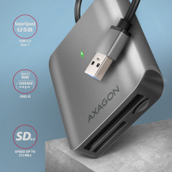Axagon Aluminum high-speed USB-A 3.2 Gen 1 memory card reader. 3 slots, UHS-II.