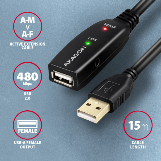Axagon ADR-215 USB 2.0 A-M -> A-F active extension/repeater cable 15m - Kabel - Digital/Daten USB cable USB A Black Axagon ADR-215 USB 2.0 A-M -> A-F active extension/repeater cable 15m - Kabel - Digital/Daten USB cable USB A Black