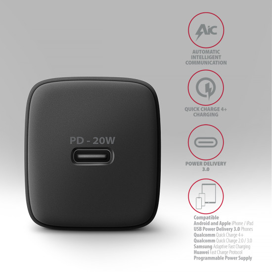 MOBILE CHARGER WALL USB-C 20W/1PORT BLACK ACU-PD20 AXAGON