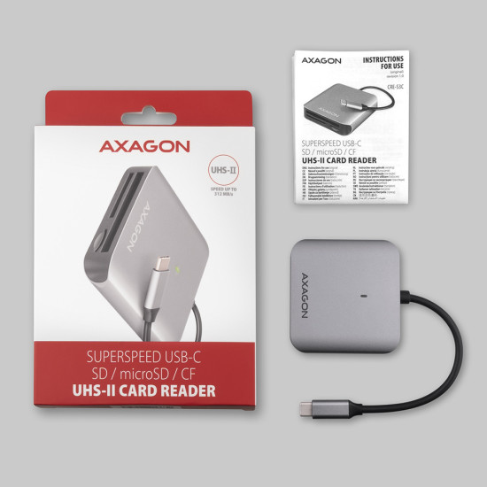 Aluminum high-speed USB-C 3.2 Gen 1 memory card reader. 3 slots, UHS-II. Aluminum high-speed USB-C 3.2 Gen 1 memory card reader. 3 slots, UHS-II.