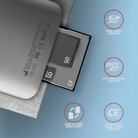 Aluminum high-speed USB-C 3.2 Gen 1 memory card reader. 3 slots, UHS-II. Aluminum high-speed USB-C 3.2 Gen 1 memory card reader. 3 slots, UHS-II.