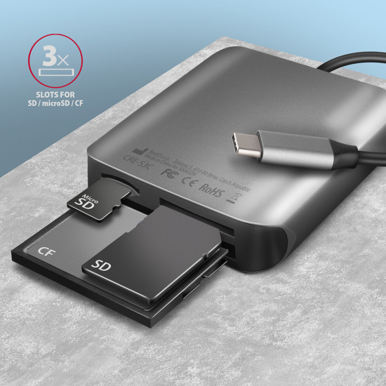 Aluminum high-speed USB-C 3.2 Gen 1 memory card reader. 3 slots, UHS-II. Aluminum high-speed USB-C 3.2 Gen 1 memory card reader. 3 slots, UHS-II.