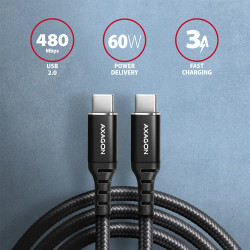 Axagon Data and charging USB 2.0 cable 1.5 m long. PD 60W, 3A. Black braided.