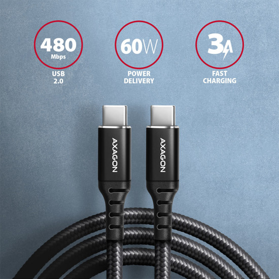 CABLE USB-C TO USB-C 3M 60W/HQ BLACK BUCM-CM30AB AXAGON CABLE USB-C TO USB-C 3M 60W/HQ BLACK BUCM-CM30AB AXAGON