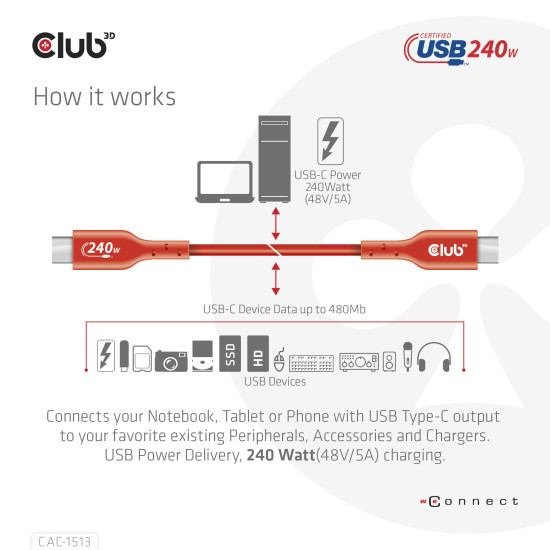 CLUB3D USB2 Type-C Bi-Directional USB-IF Certified Cable Data 480Mb, PD 240W(48V/5A) EPR M/M 3m / 9.84 ft CLUB3D USB2 Type-C Bi-Directional USB-IF Certified Cable Data 480Mb, PD 240W(48V/5A) EPR M/M 3m / 9.84 ft