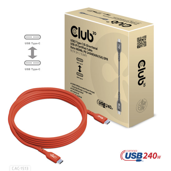 CLUB3D USB2 Type-C Bi-Directional USB-IF Certified Cable Data 480Mb, PD 240W(48V/5A) EPR M/M 3m / 9.84 ft CLUB3D USB2 Type-C Bi-Directional USB-IF Certified Cable Data 480Mb, PD 240W(48V/5A) EPR M/M 3m / 9.84 ft