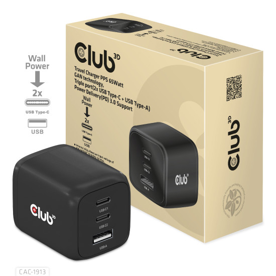 CLUB3D CAC-1913EU Travel Charger 65W GaN CLUB3D CAC-1913EU Travel Charger 65W GaN
