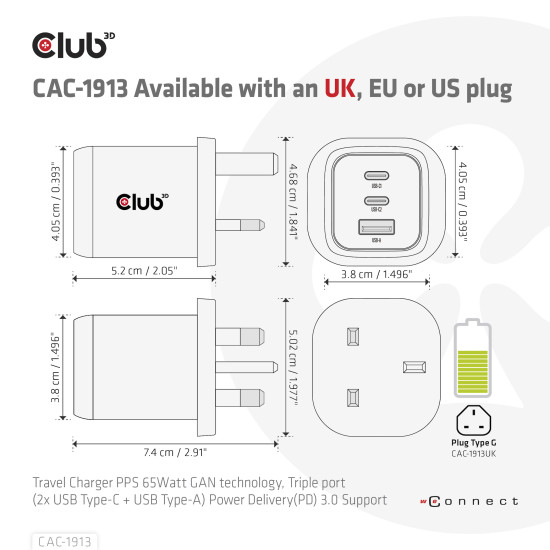 CLUB3D CAC-1913EU Travel Charger 65W GaN CLUB3D CAC-1913EU Travel Charger 65W GaN