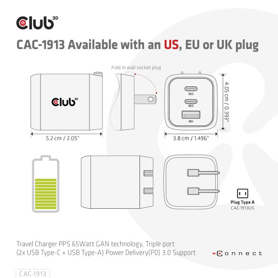 CLUB3D CAC-1913EU Travel Charger 65W GaN CLUB3D CAC-1913EU Travel Charger 65W GaN