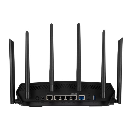 Wireless Router|ASUS|Wireless Router|6000 Mbps|Mesh|Wi-Fi 5|Wi-Fi 6|IEEE 802.11a|IEEE 802.11b|IEEE 802.11g|IEEE 802.11n|USB 3.2|4x10/100/1000M|1x2.5GbE|LAN \ WAN ports 1|Number of antennas 6|TUFGAMINGAX6000 Wireless Router|ASUS|Wireless Router|6000 Mbps|Mesh|Wi-Fi 5|Wi-Fi 6|IEEE 802.11a|IEEE 802.11b|IEEE 802.11g|IEEE 802.11n|USB 3.2|4x10/100/1000M|1x2.5GbE|LAN \ WAN ports 1|Number of antennas 6|TUFGAMINGAX6000