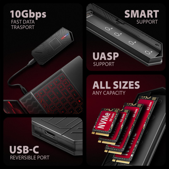 Axagon EEM2-GAM, USB-C 10Gbps - NVMe & SATA SSD GAME M.2 box, bezšroubkový SSD enclosure Black Axagon EEM2-GAM, USB-C 10Gbps - NVMe & SATA SSD GAME M.2 box, bezšroubkový SSD enclosure Black